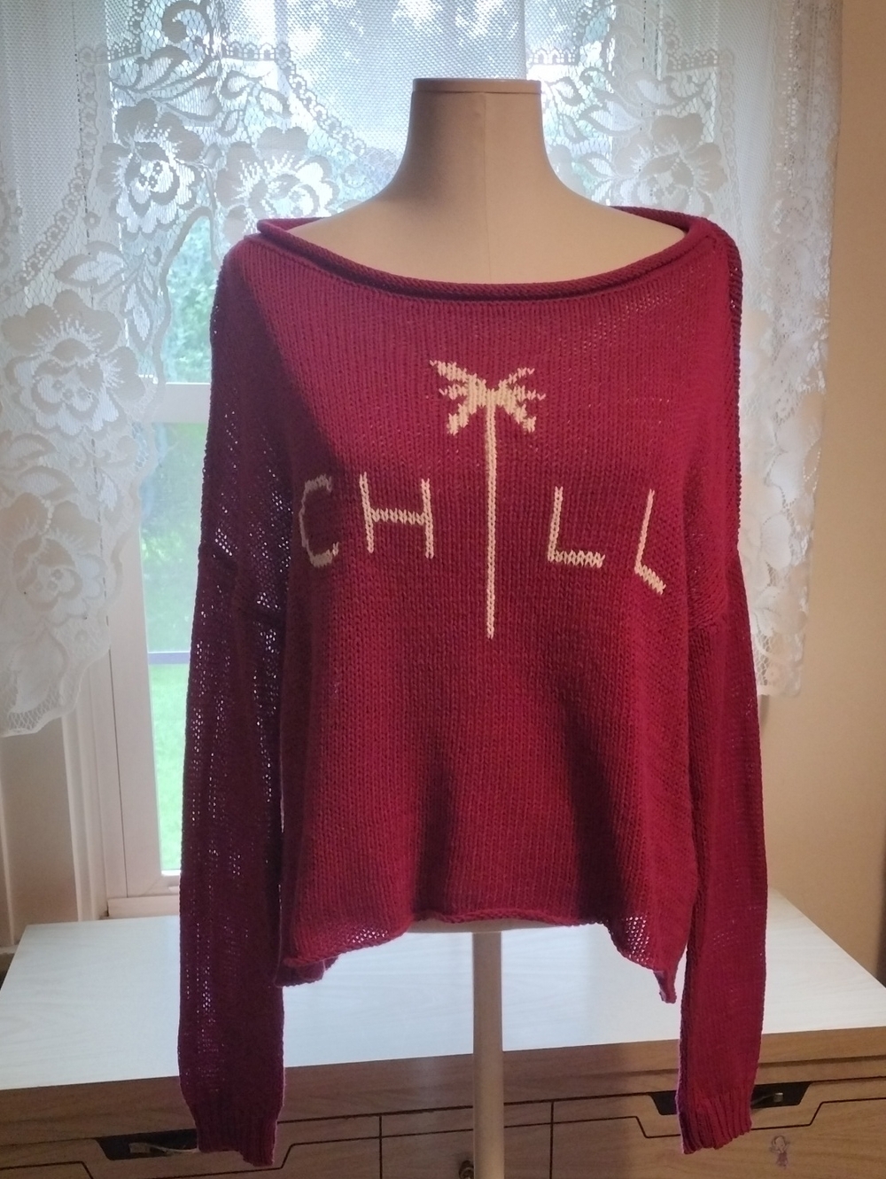 Wooden Ships Magenta Pink Off-the-Shoulder 'CHILL' Knit Sweater Size S/M